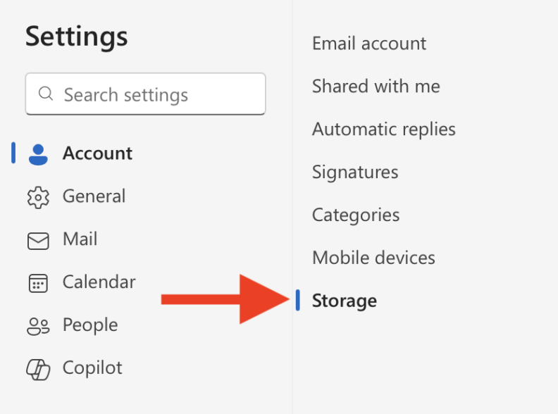 Outlook web settings panel showing a vertical menu on the left with icons and labels: Account, General, Mail, Calendar, People, and Copilot. A red arrow points to the Storage option in the Email account section on the right, which also lists Shared with me, Automatic replies, Signatures, Categories, and Mobile devices