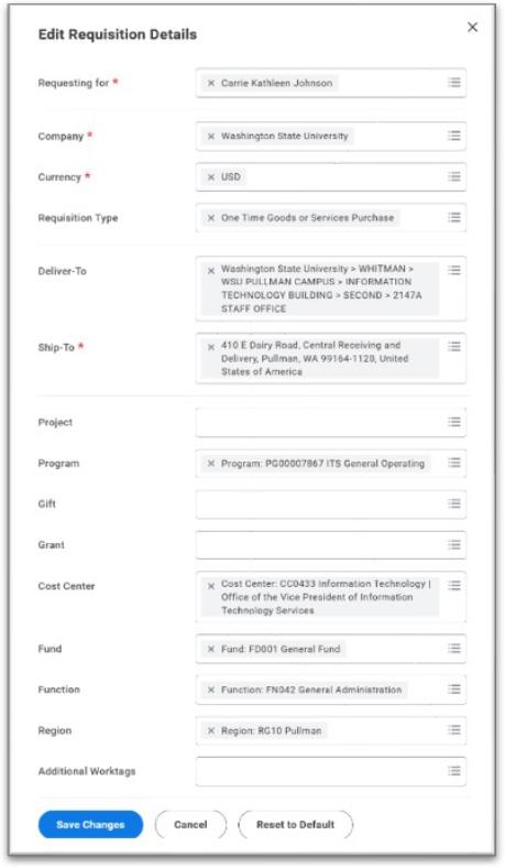 Edit Requisition Details form with fields for requester, company, currency, requisition type, delivery and shipping addresses, program, cost center, fund, function, and region. Save Changes, Cancel, and Reset to Default buttons appear at the bottom.