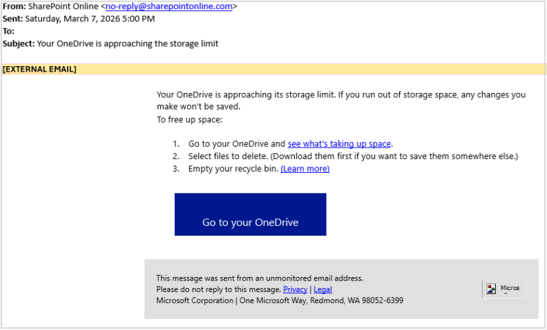 Microsoft storage warning for WSU OneDrive