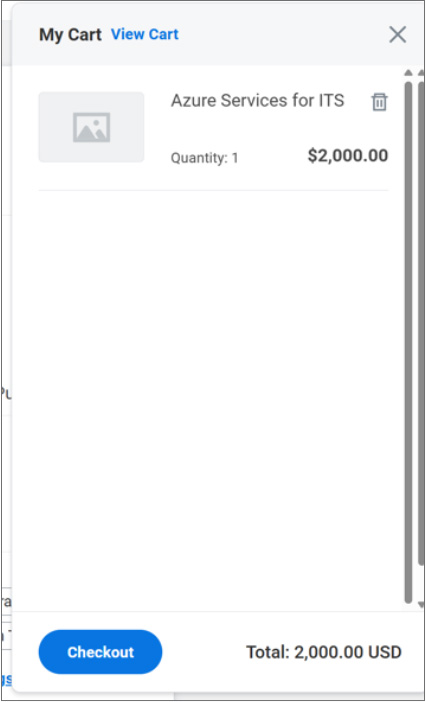 My Cart panel showing one item: Azure Services for ITS, quantity 1, priced at $2,000.00. Includes View Cart, Delete, Checkout buttons, and total amount of 2,000.00 USD.