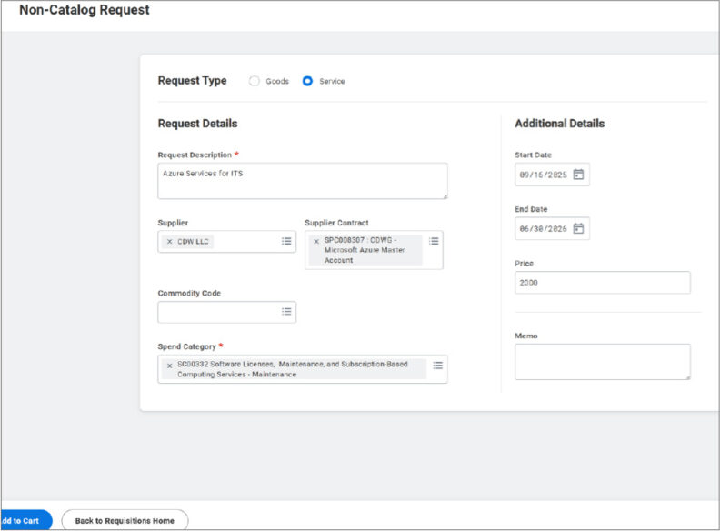 Non-Catalog Request form for a service. Fields include request description, supplier, supplier contract, commodity code, spend category, start and end dates, price, and memo. 'Add to Cart' and 'Back to Requisitions Home' buttons are visible at the bottom.
