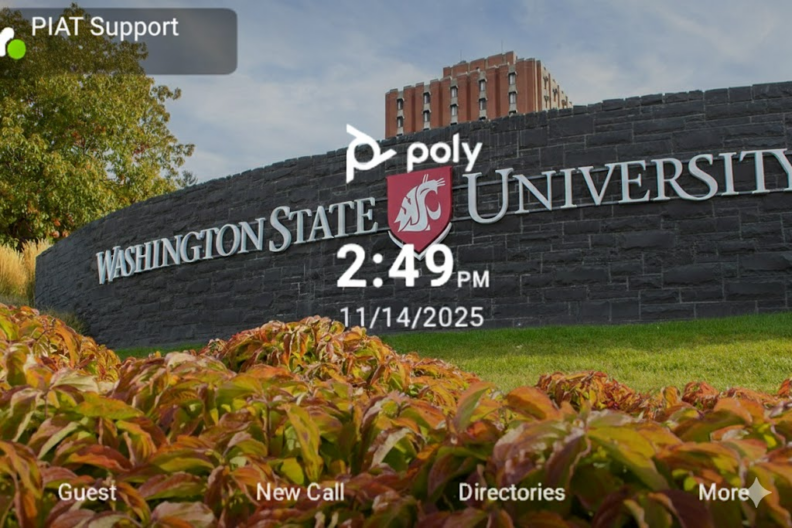 Image displaying desk phone graphical interface with PIAT support line and WSU background