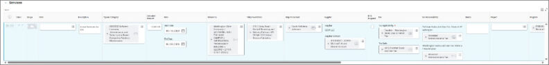 services requisition table showing item details for Azure Services for ITS, including description, spend category, extended amount, service dates, deliver-to and ship-to addresses, supplier and contract, tax details, memo, project, and program fields.