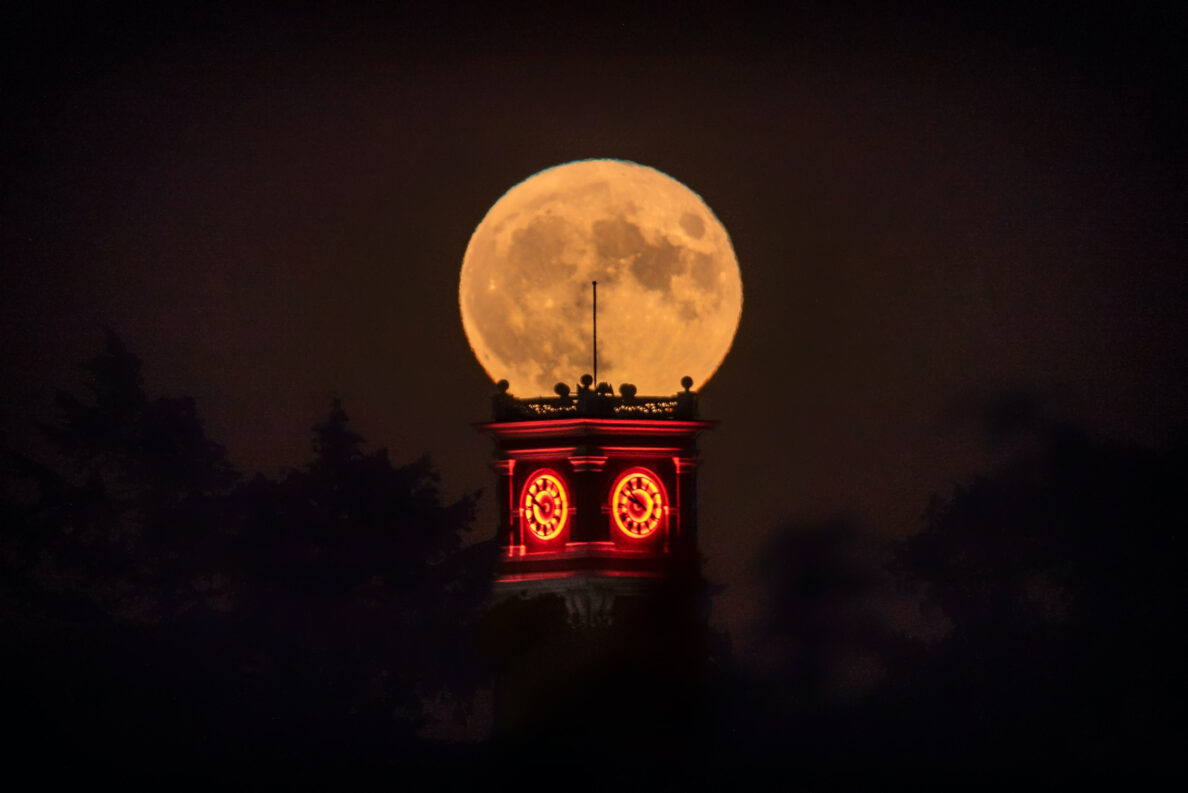 Moon behind Brian Hall at WSU Pullman