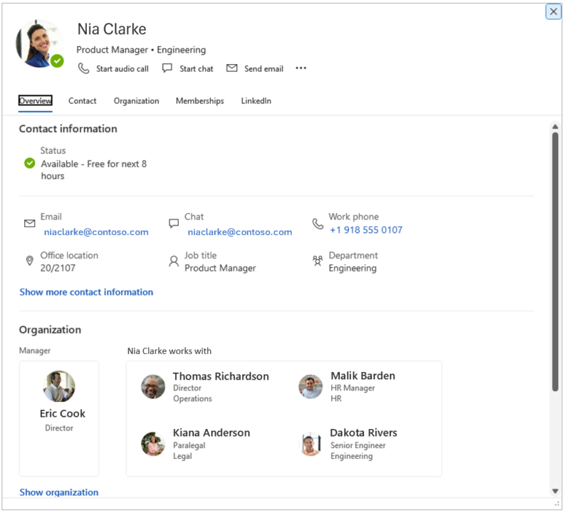 Screenshot of a work profile page in Outlook. The Overview tab shows contact information, including availability status, email address, chat option, work phone number, office location, job title, and department. An organization section lists a manager and several coworkers with names and roles.