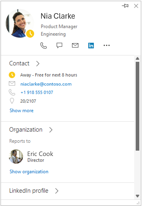 Screenshot of a contact card in Outlook. The card shows availability status, email address, work phone number, and office location. An organization section provides links to view the organization and LinkedIn profile.
