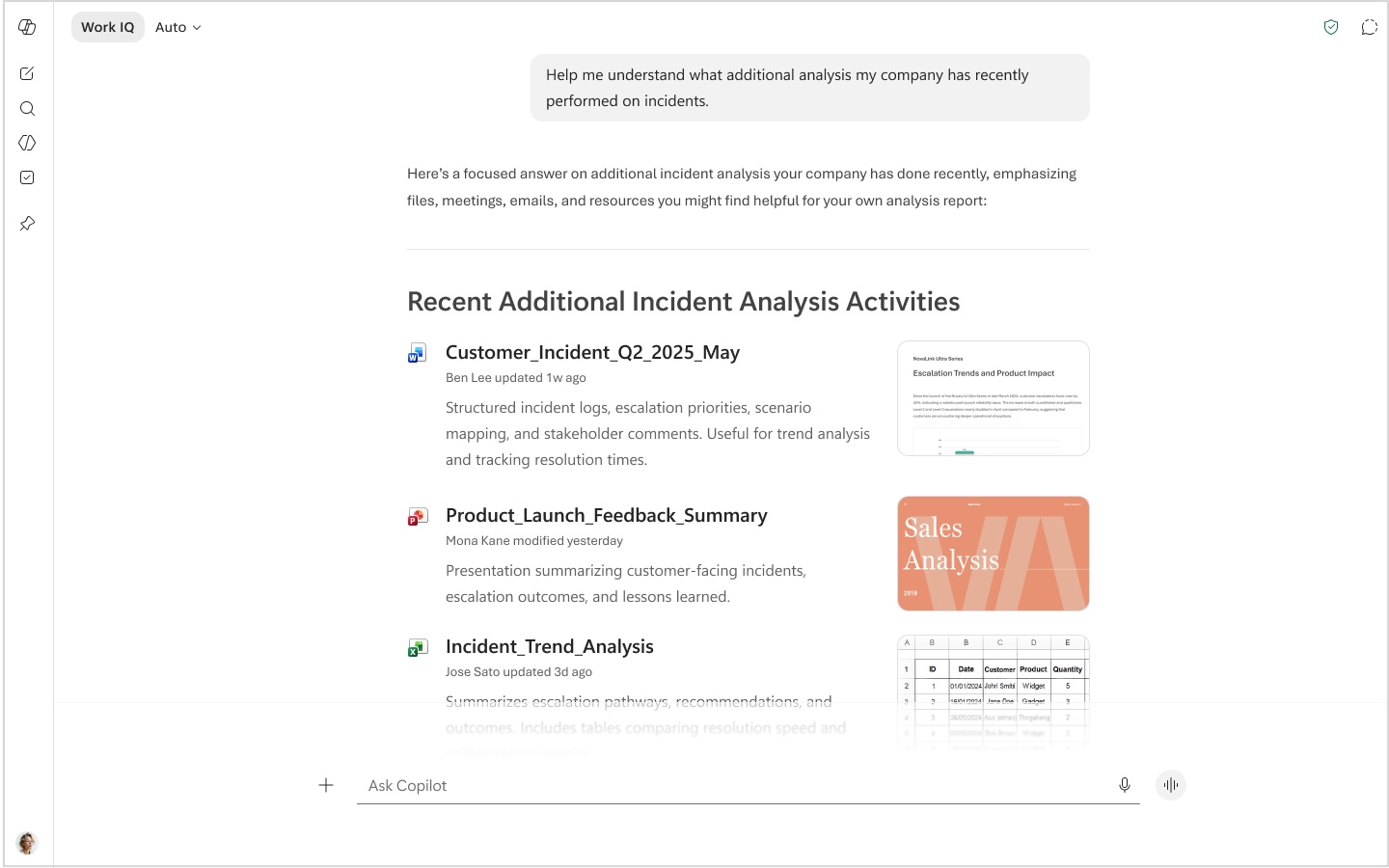 Microsoft Copilot chat screen showing a user question about recent incident analysis and a response titled “Recent Additional Incident Analysis Activities,” listing three files with descriptions. An “Ask Copilot” input field is visible at the bottom, and a “Work IQ” selector set to “Auto” appears in the top bar.