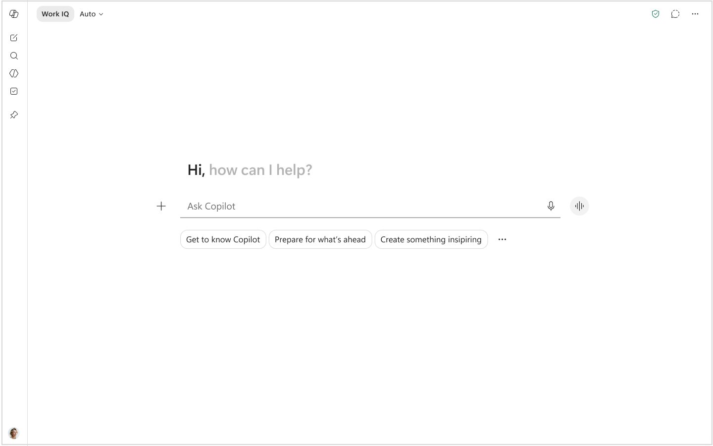Microsoft Copilot home screen showing a centered “Hi, how can I help?” message, an “Ask Copilot” input field with voice controls, and suggestion buttons. A left navigation sidebar and a top bar with “Work IQ” set to “Auto” are visible.