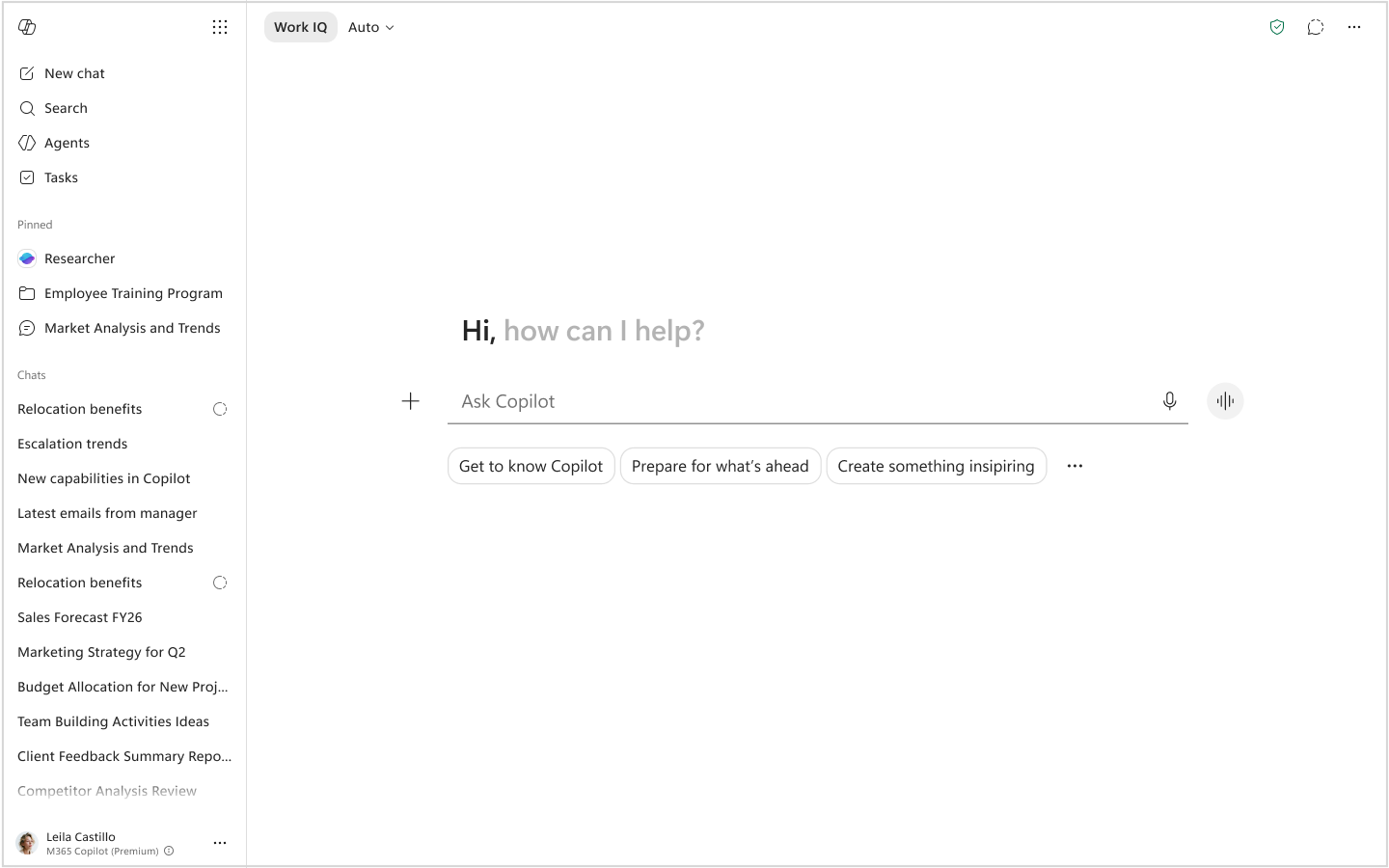 Microsoft Copilot home screen with an expanded left navigation panel showing menu options, pinned items, and recent chats. The main area displays “Hi, how can I help?” with an “Ask Copilot” input field and suggestion buttons, and a top bar with “Work IQ” set to “Auto.”