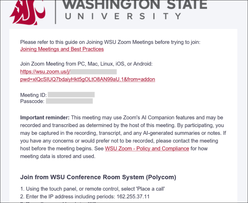 Screenshot of a Washington State University Zoom meeting invitation. The page includes the WSU logo at the top and instructions for joining a Zoom meeting. An “Important reminder” states that the meeting may use Zoom AI Companion features and may be recorded and transcribed, with a link to “WSU Zoom – Policy and Compliance.”