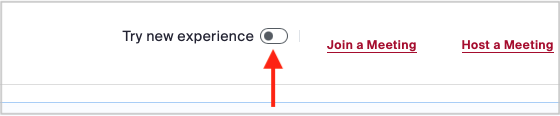 WSU Zoom web portal with arrow pointing to "Try new experience" toggle button