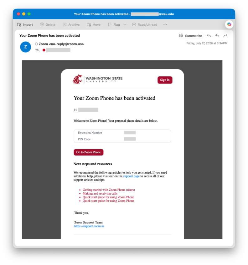 Zoom email confirming Zoom Phone activation for a Washington State University user. The message states that Zoom Phone has been activated and includes the user's extension number, PIN code, a link to access Zoom Phone, and links to setup resources and support documentation