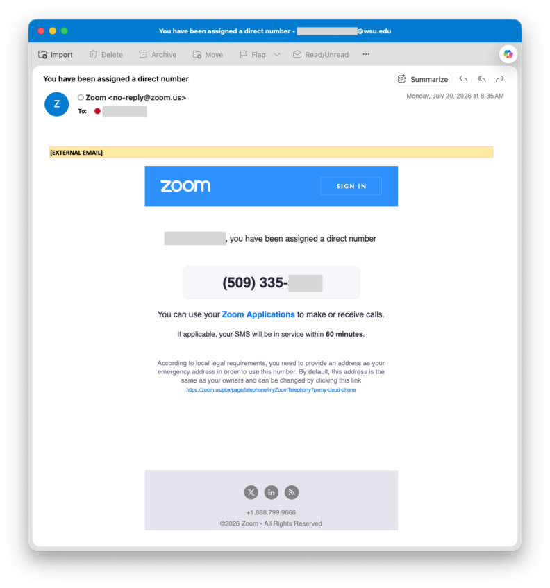 Zoom email notifying a Washington State University user that a direct phone number has been assigned. The message displays the assigned phone number, explains that Zoom applications can be used to make and receive calls, and provides information about SMS activation and emergency address requirements