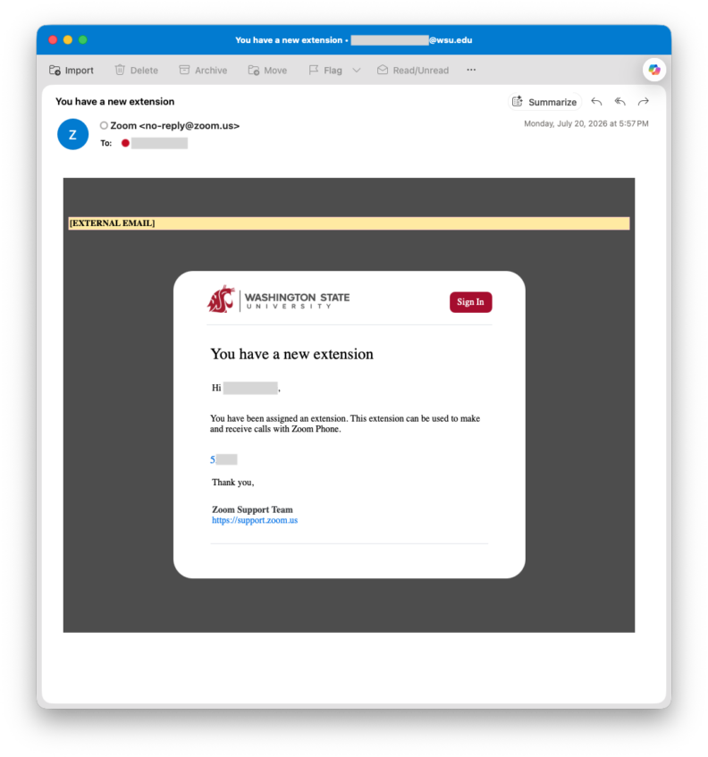 Zoom email informing a Washington State University user that a new Zoom Phone extension has been assigned. The message includes the extension number and explains that the extension can be used to make and receive calls with Zoom Phone