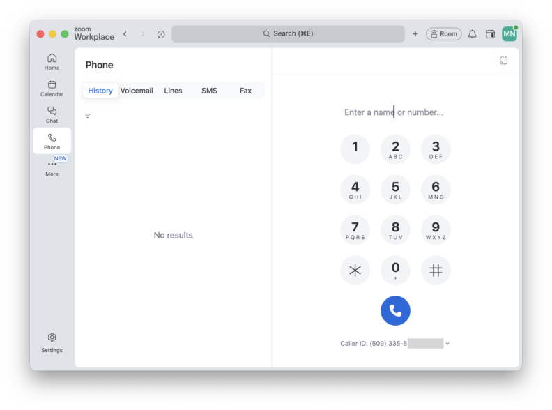 Zoom Workplace desktop application with the Phone tab open. The screen displays the Zoom Phone dial pad, a number entry field, and caller ID information, showing where users can place phone calls from the Zoom application
