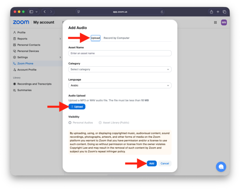 Zoom Phone Add Audio dialog box with the Upload tab selected. Red arrows highlight the Upload tab, the Upload button used to select an MP3 or WAV audio file, and the Add button used to save the uploaded voicemail greeting