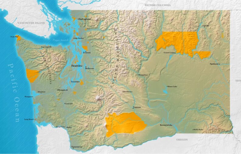 shows the current extent of reservations throughout Washington State.