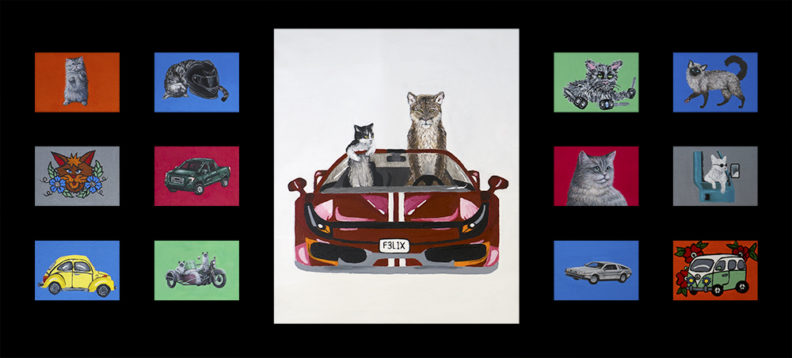 paintings of cats and cars
