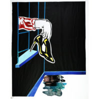 mysterious hand holding shoes through a window