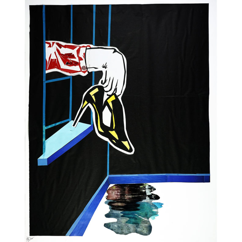 mysterious hand holding shoes through a window