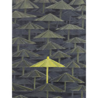 painting of umbrellas, one is yellow