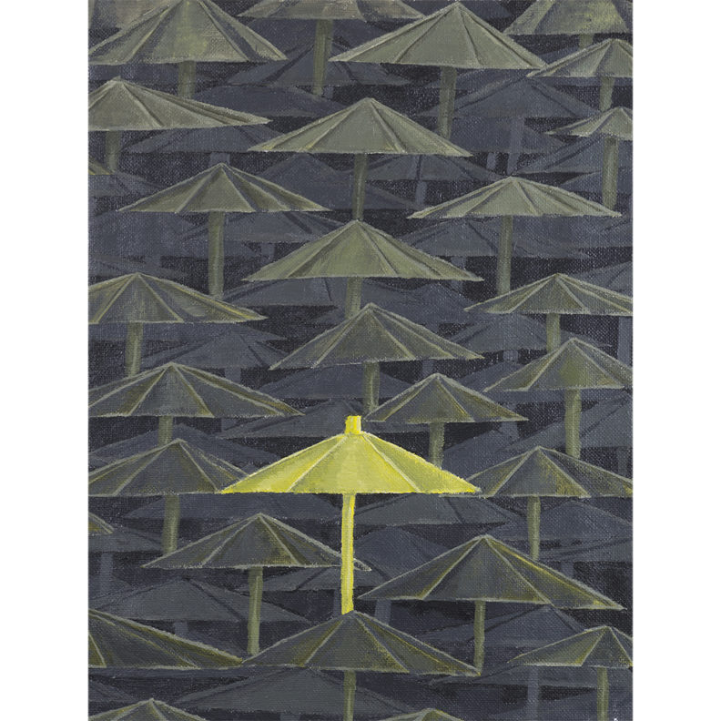 painting of umbrellas, one is yellow