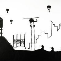 black and white profile of a war scene