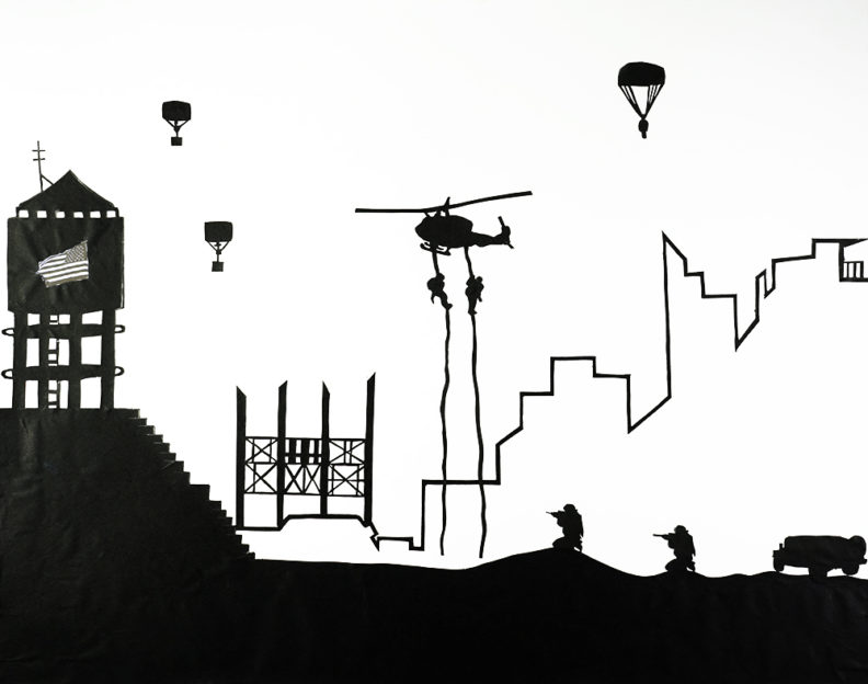 black and white profile of a war scene