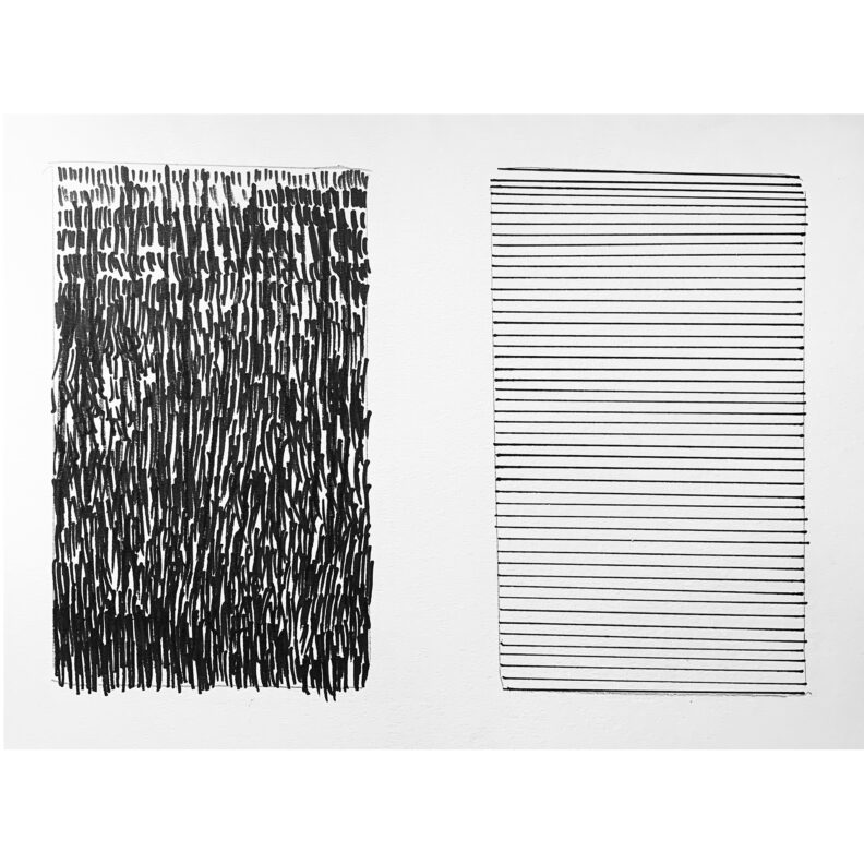 Scribbled anxious lines on the left and controlled uniform lines on the right.