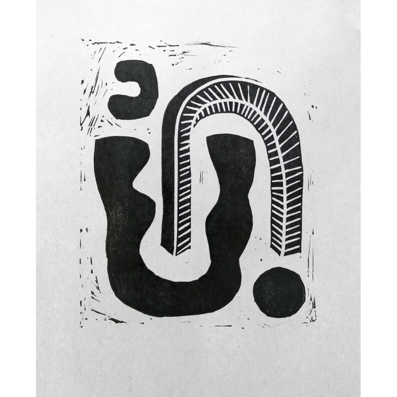 Linocut of two arches intertwined.