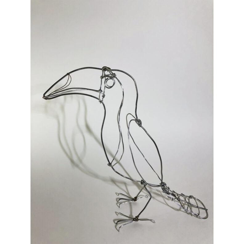 Wire sculpture of a toucan looking to the left.