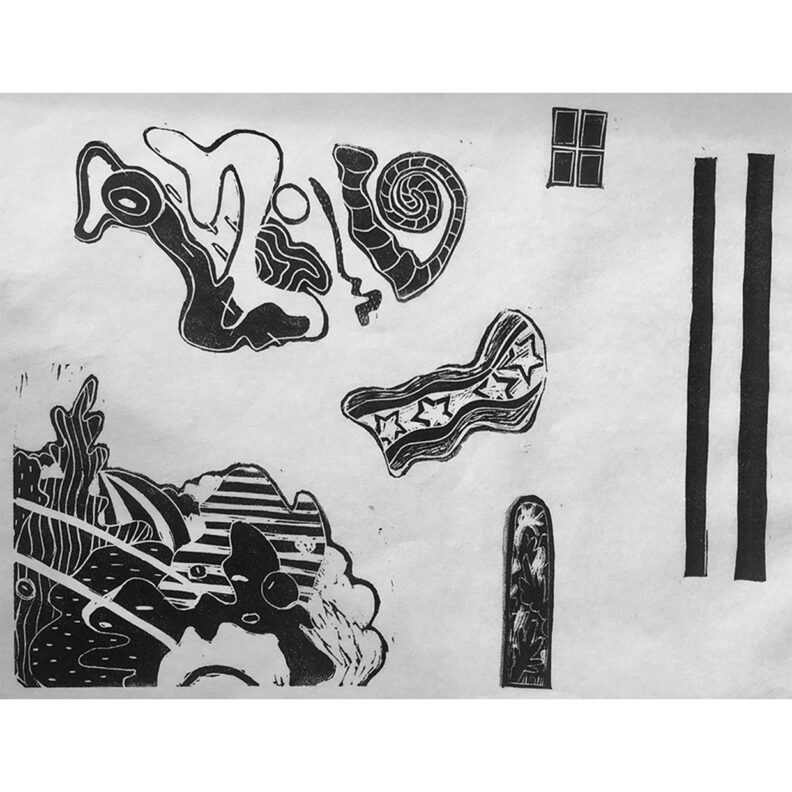 Graphic improvised linocut print.