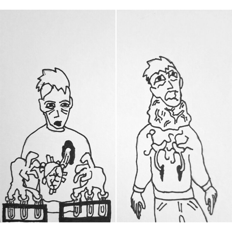 Cartoon re-imaginings of the death of Darwin and Mozart.