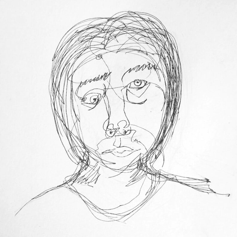 Blind contour self-portrait drawing.