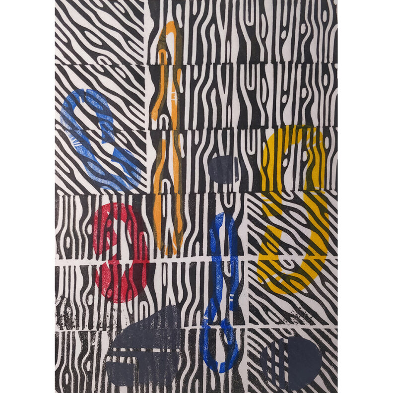 Grid of repeating shapes, colors, and lines.