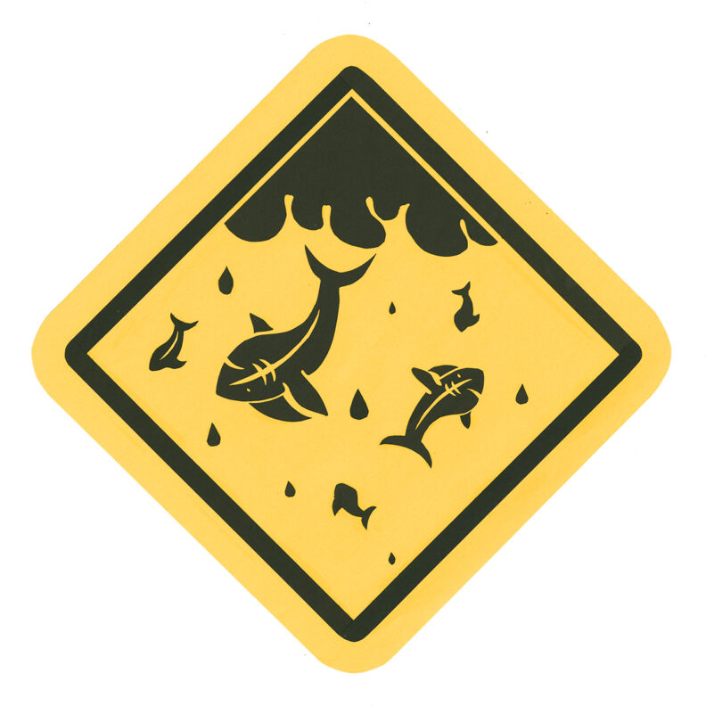 Caution sign of sharks falling from sky