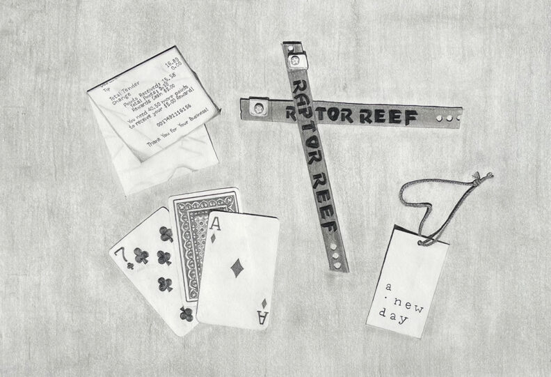 Detailed drawing of vacation mementos