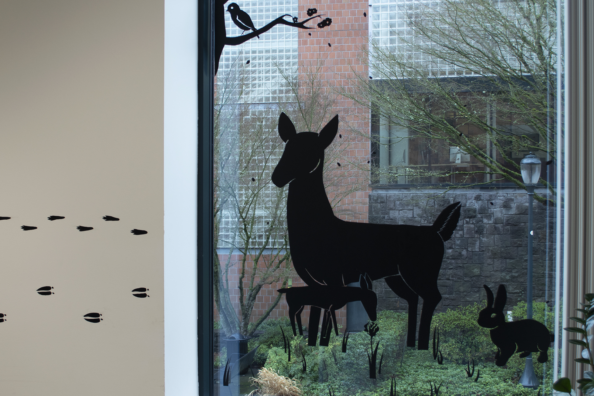Black 2D artwork on walls and windows in library