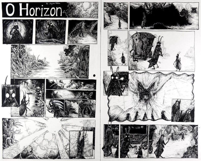 Black and white ink drawing of two pages from a graphic novel.