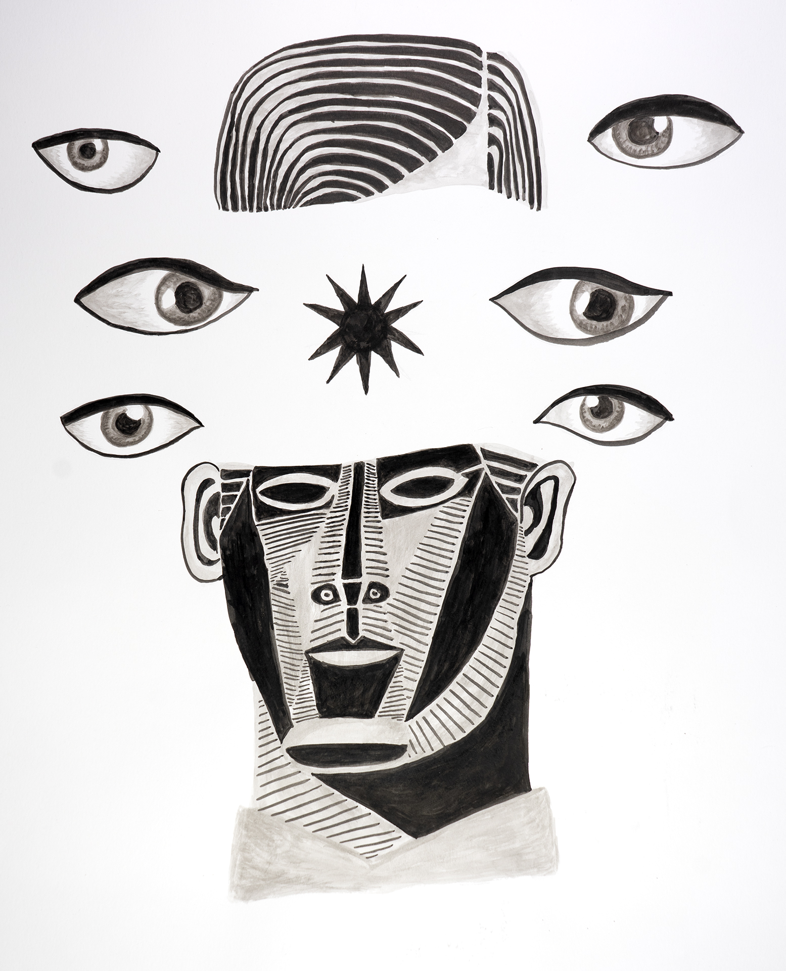 Black and white ink drawing of a bisected head with eyes floating around it.