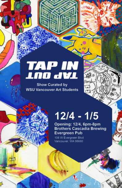 A poster promoting the student show "Tap In / Tap out" filled with hexagonal shapes and illustrations