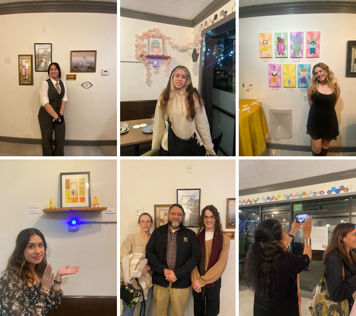 A 2x3 grid of students posing in front of their work from the exhibition Tap In / Tap Out