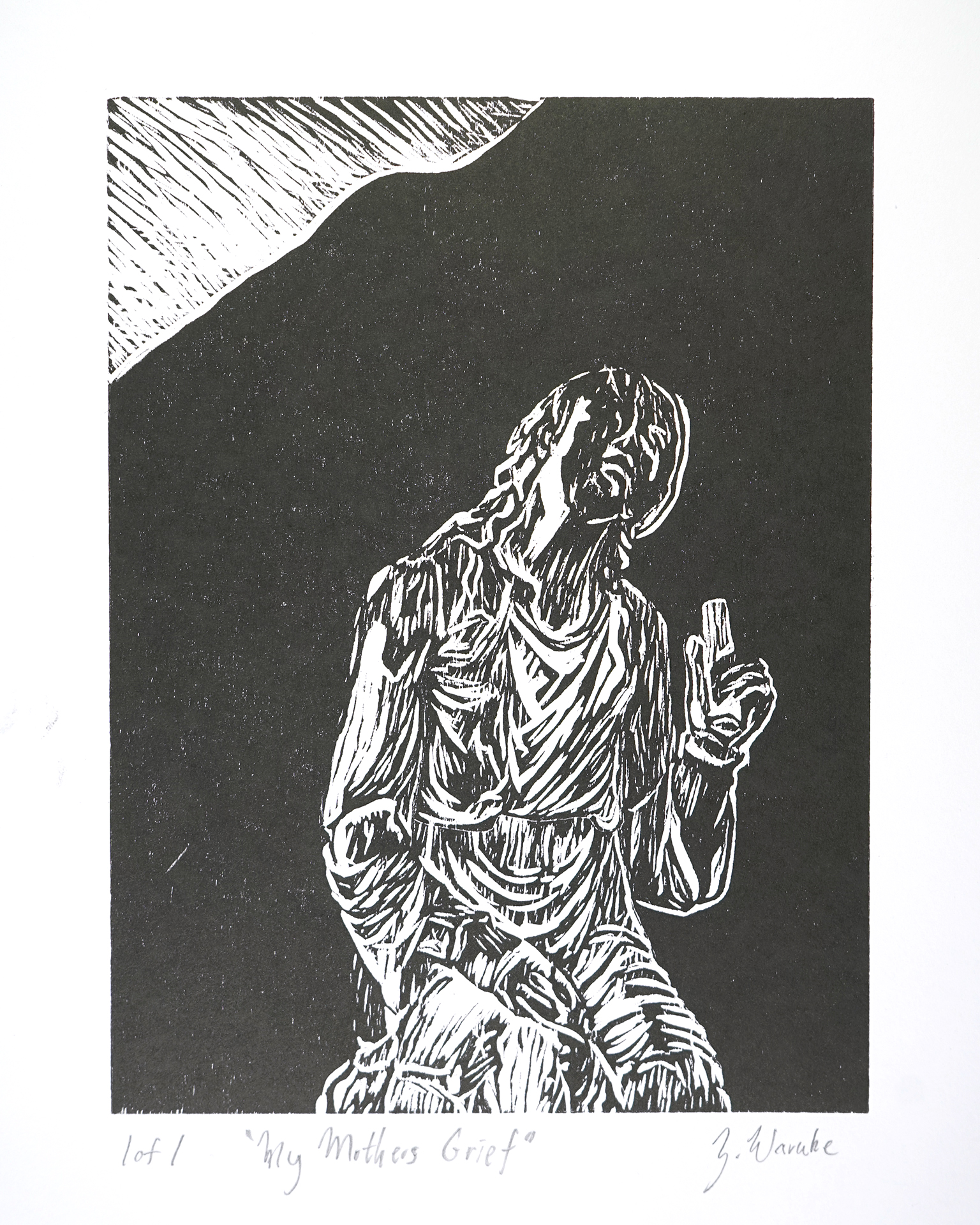 A woodcut of a statue of a grieving woman in a graveyard.