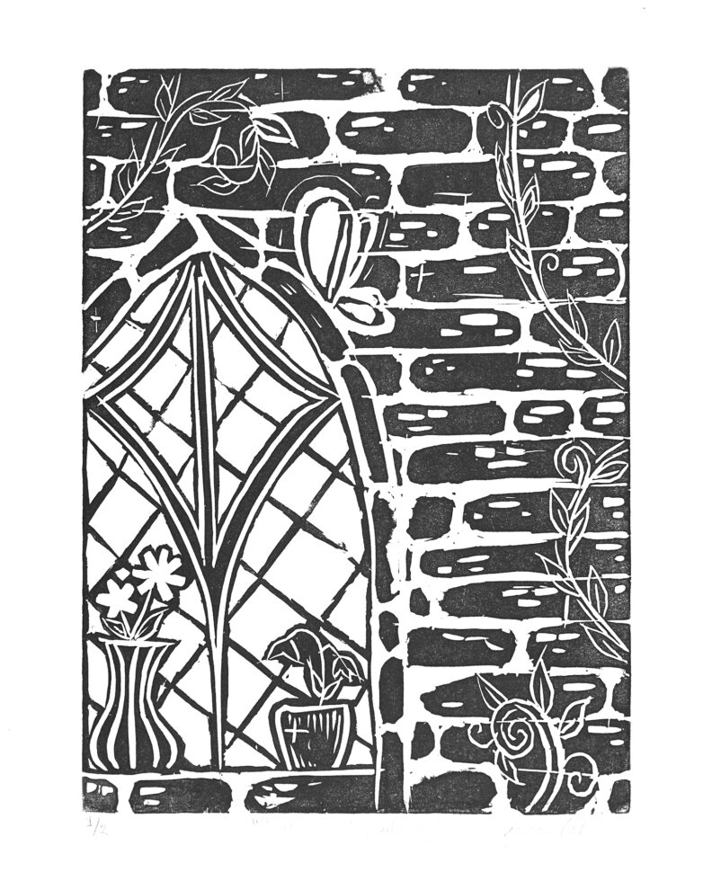 A stylized view of a window in a castle wall.