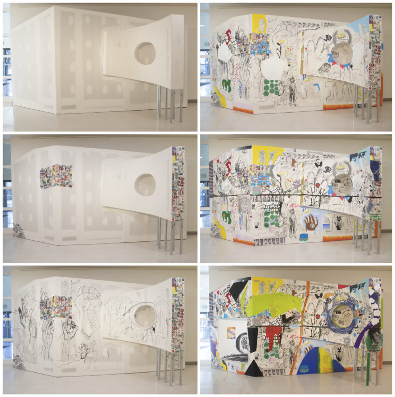 A six photo progression of drawings and paintings on Karl's wall.