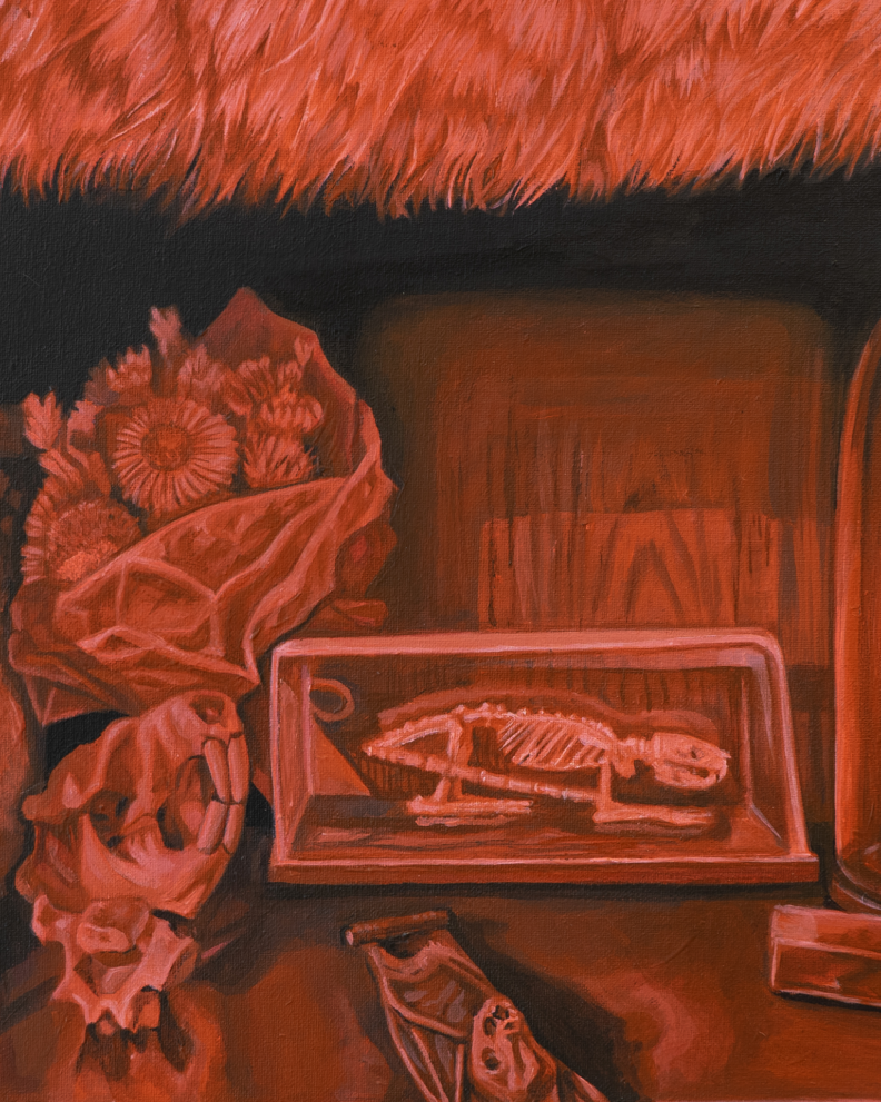 Red & black painting animal skeletons on a shelf.