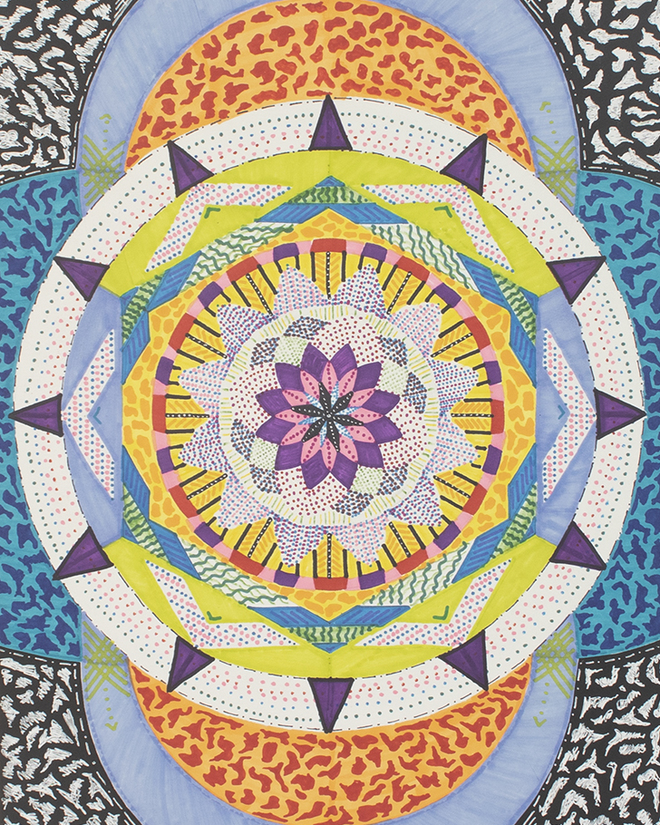 Color radial design made with markers and color pencils.