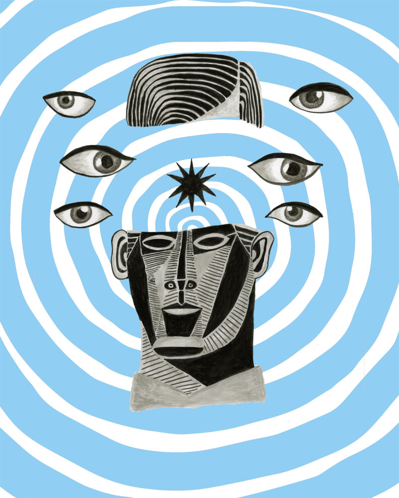 A drawing of a statue head cut open with a star and some blue hypnotic swirls.