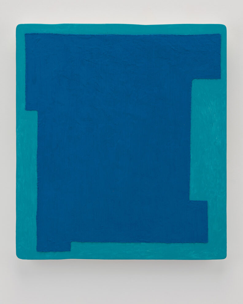 Blue painting by David Schell with a geometric shape inside.