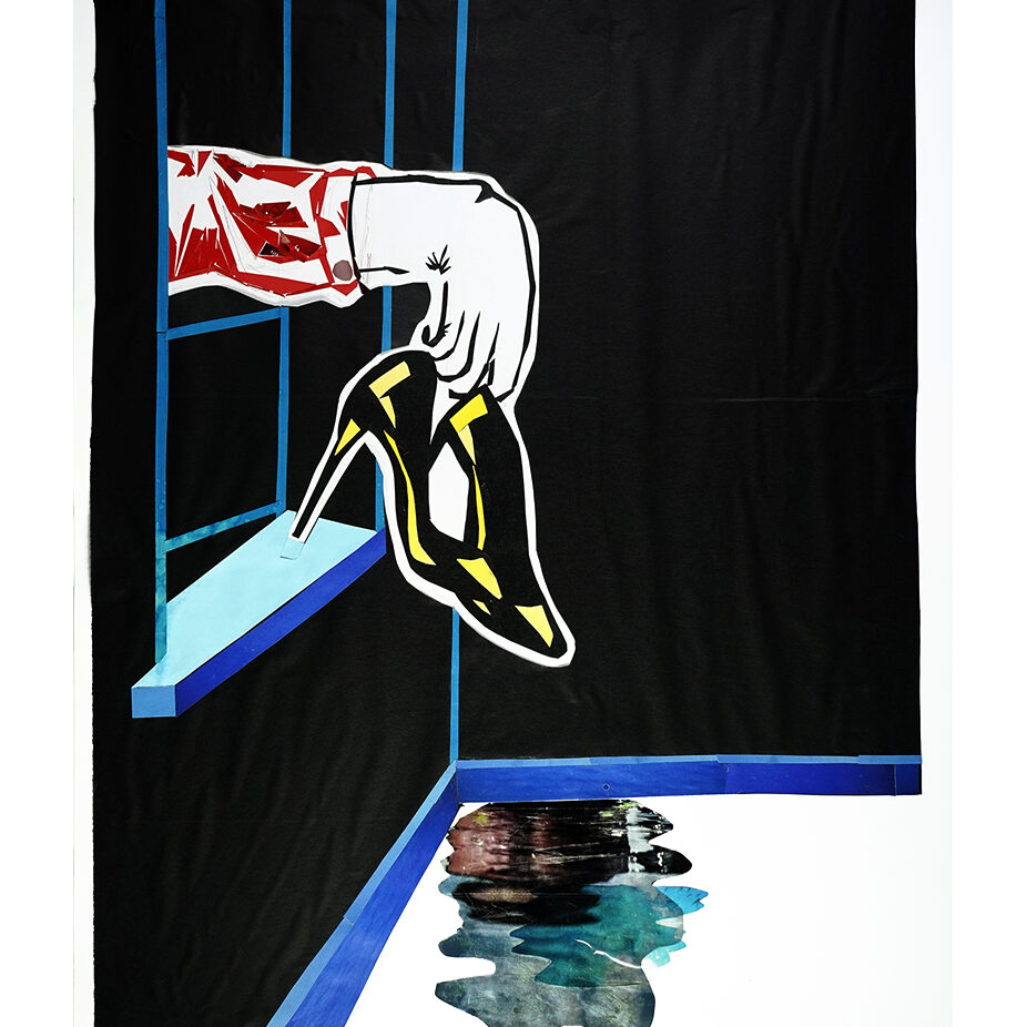 Mysterious hand holding shoes through a window collage.
